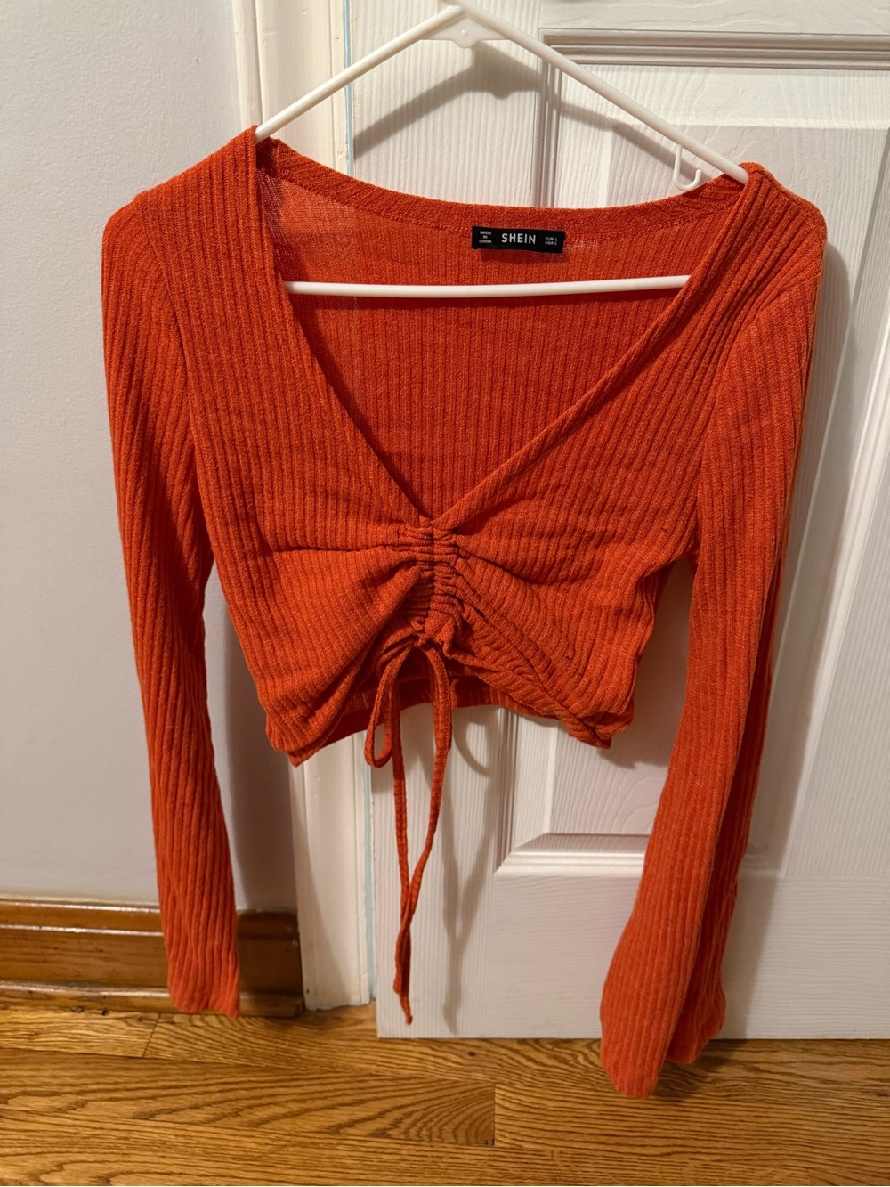 SHEIN Orange Ribbed V-Neck Drawstring Long Sleeve Top